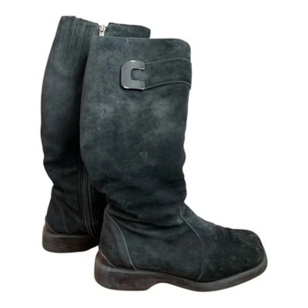 Women’s Black Suede Leather Zip Side Boots Low Platform EU37 Fits US 6 Shearling